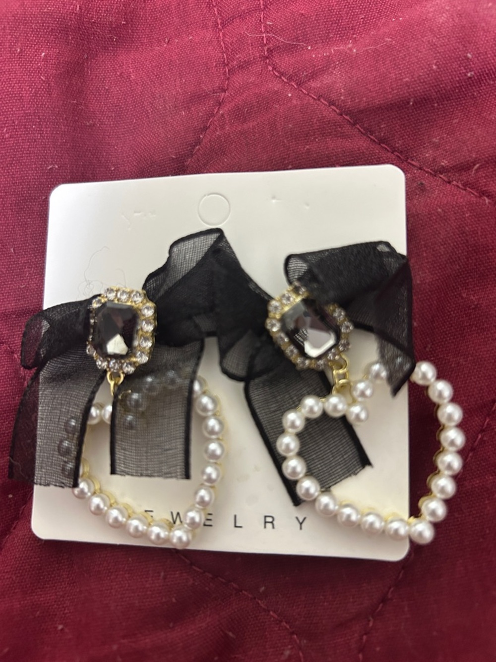 Pearl Heart Earrings with Black Bow